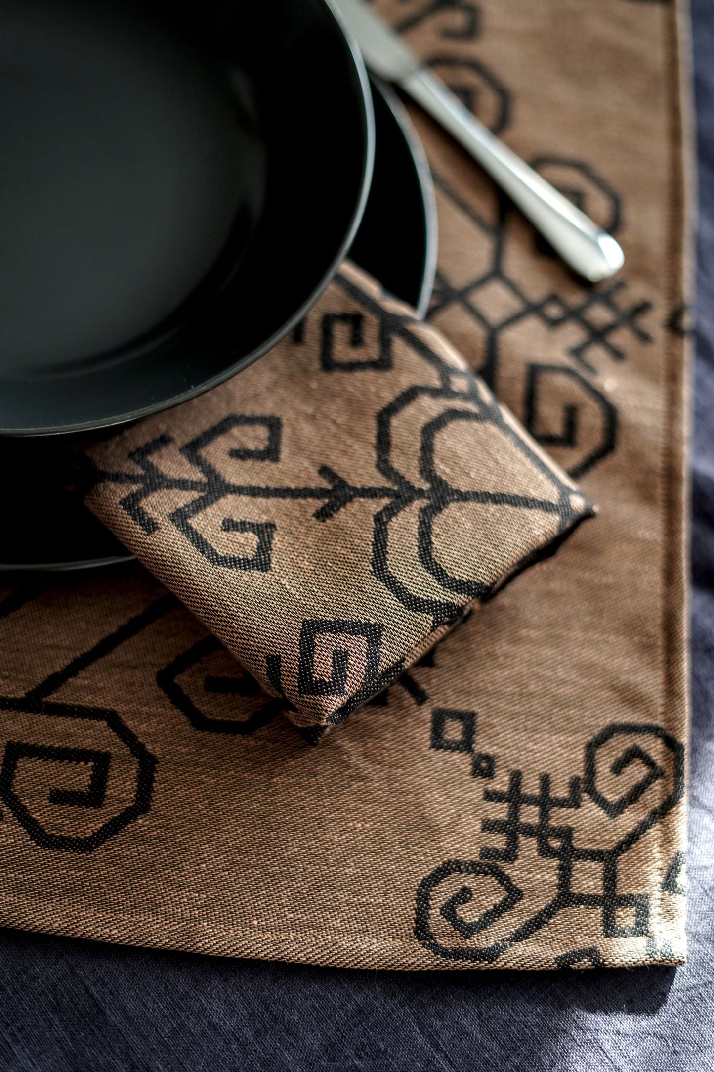 Black/bronze Linen Napkins With Sun Mandala.