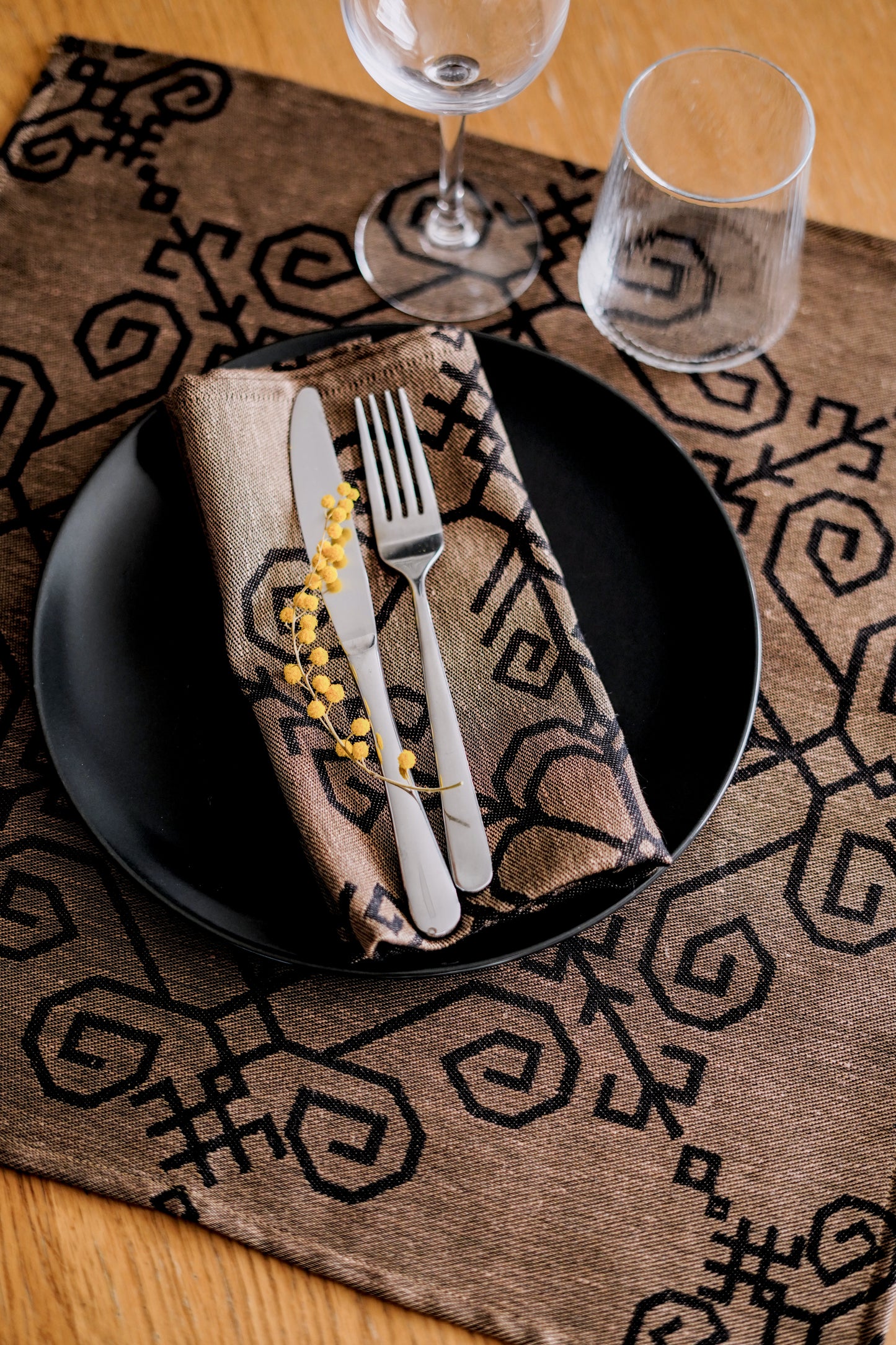 Black/bronze Linen Napkins With Sun Mandala.