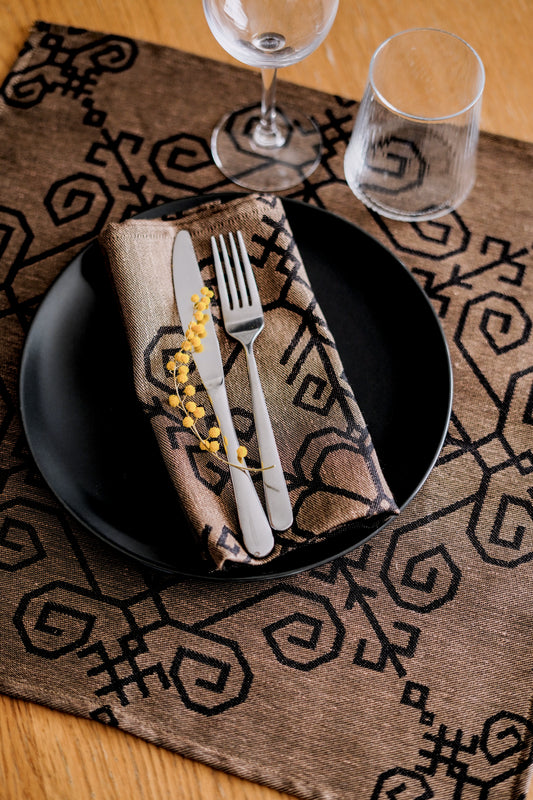 Black/bronze Linen Napkins With Sun Mandala.
