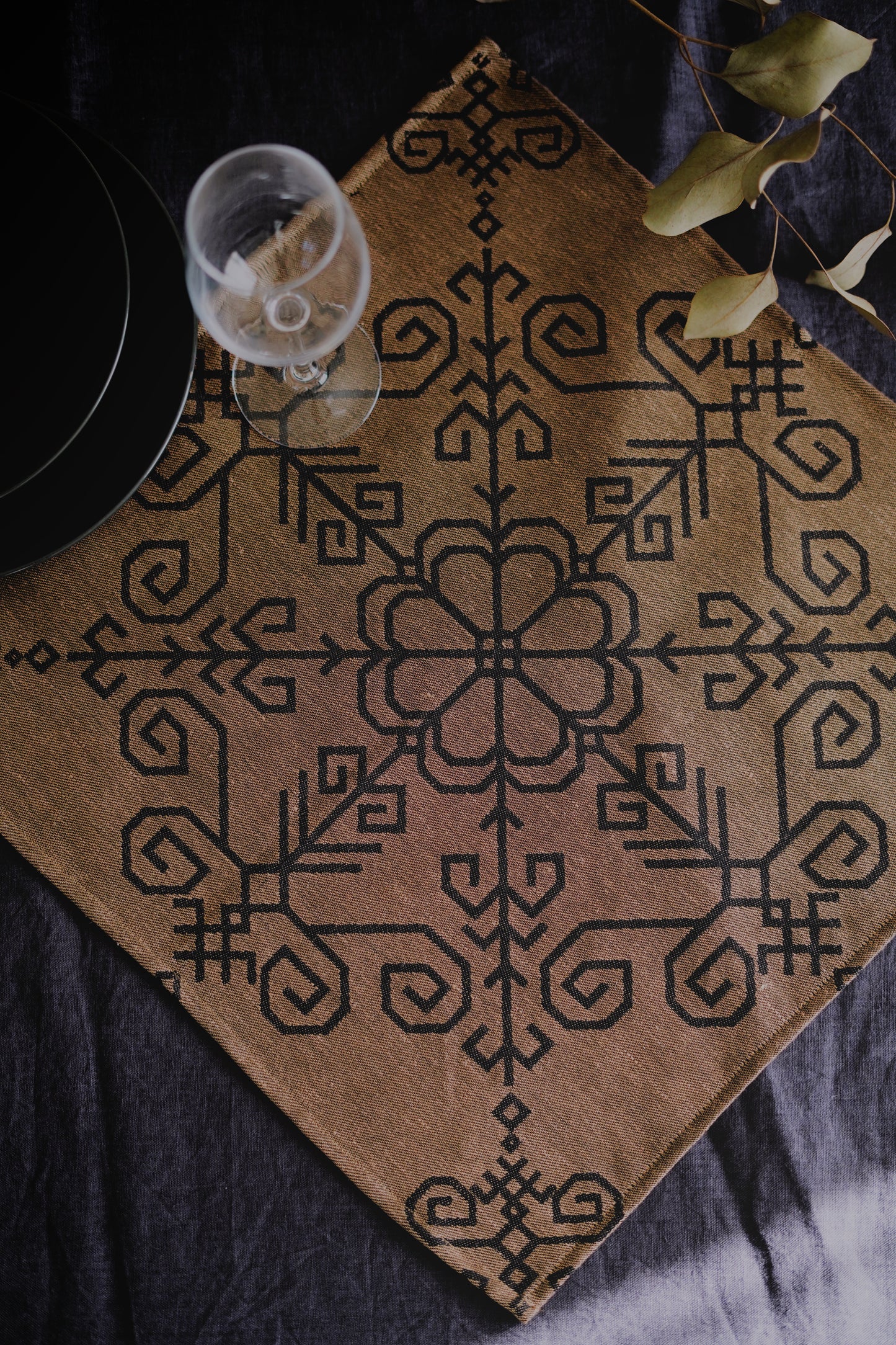 Black/bronze Linen Napkins With Sun Mandala.