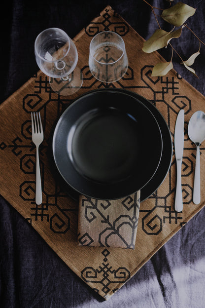 Black/bronze Linen Napkins With Sun Mandala.