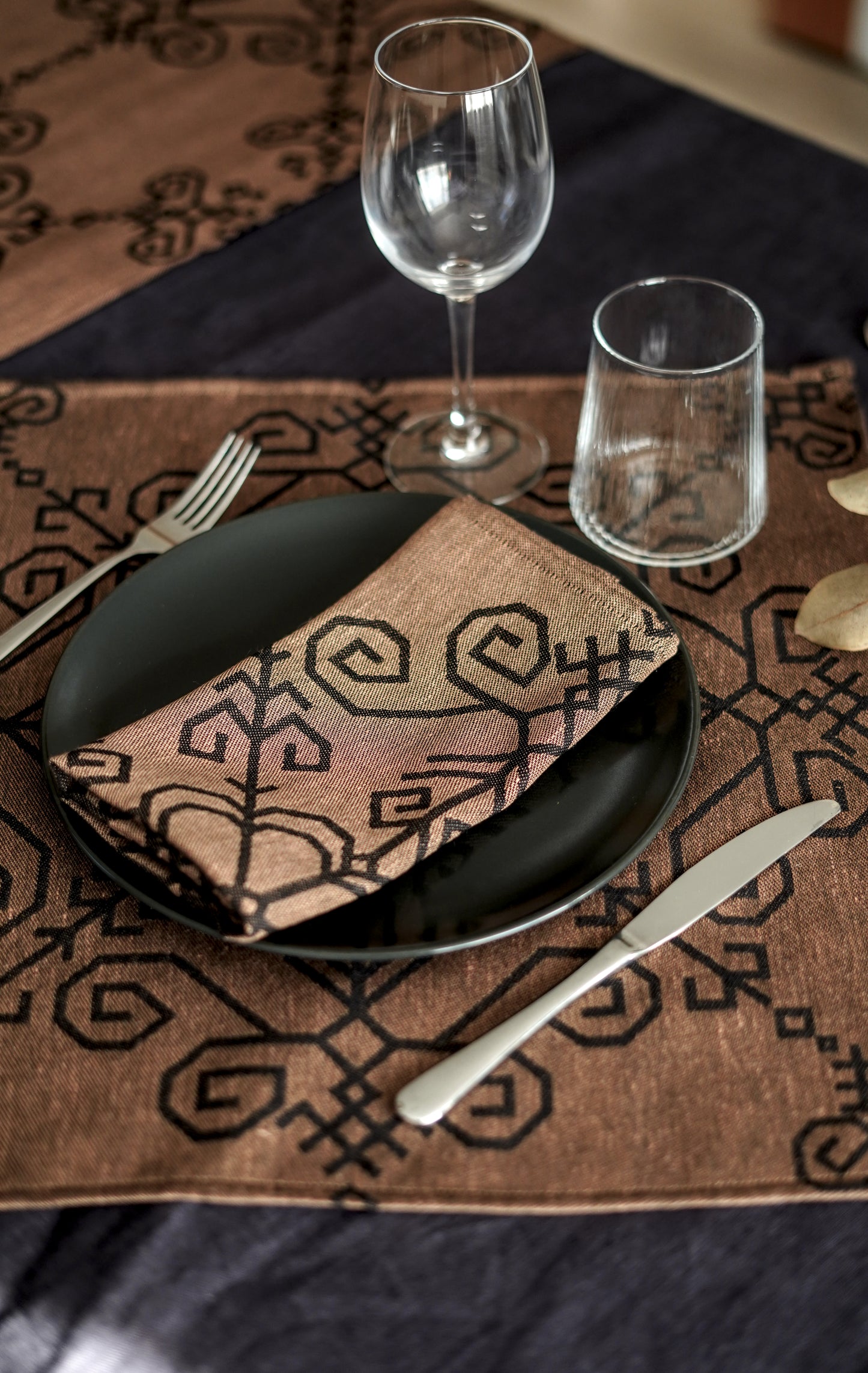 Black/bronze Linen Napkins With Sun Mandala.