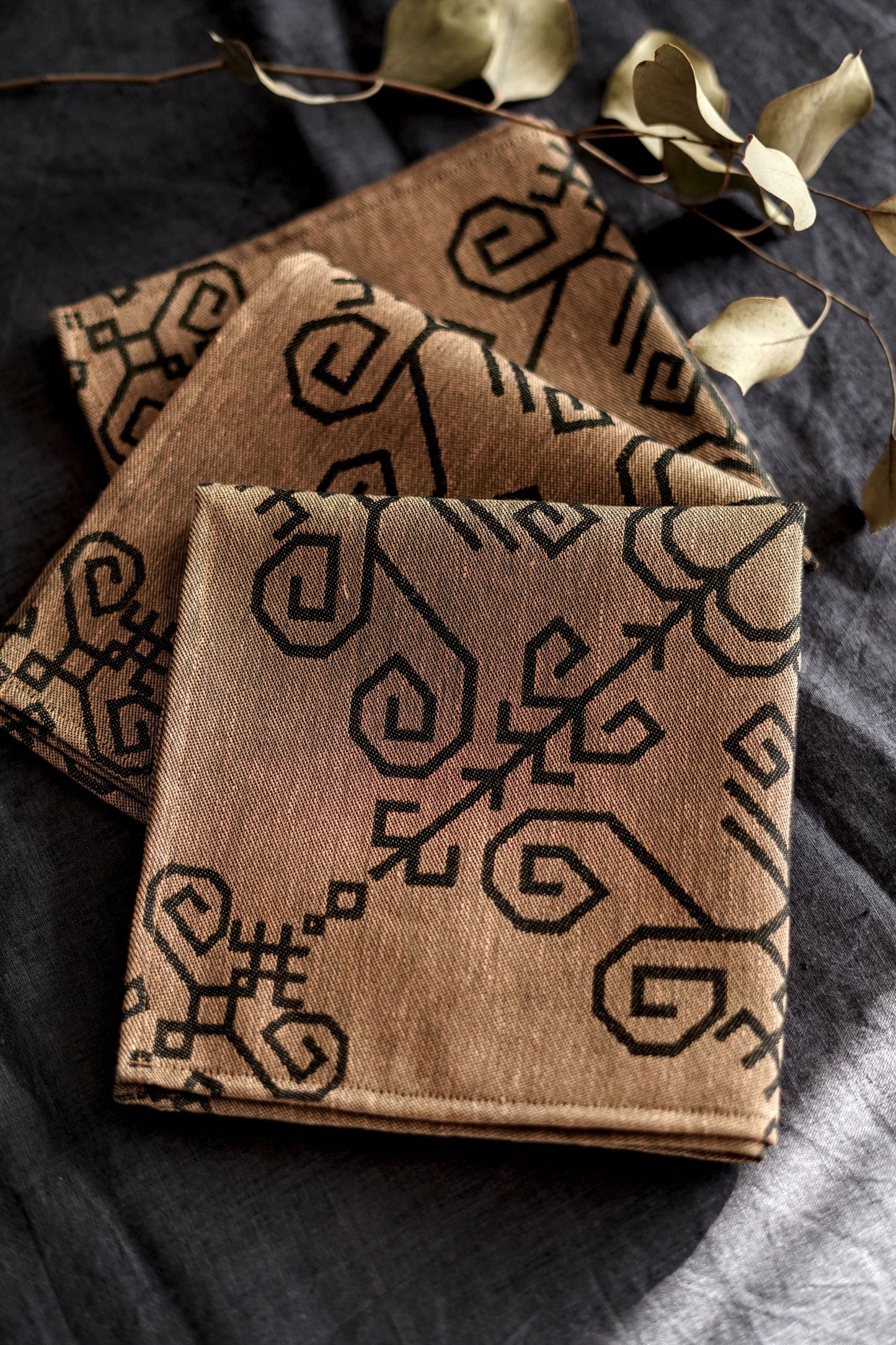 Black/bronze Linen Napkins With Sun Mandala.