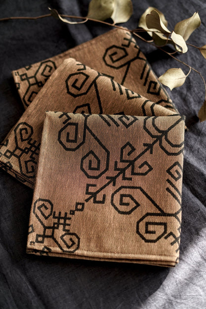 Black/bronze Linen Napkins With Sun Mandala.