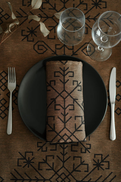 Bronze/Black Linen Napkins With Austra tree Pattern.