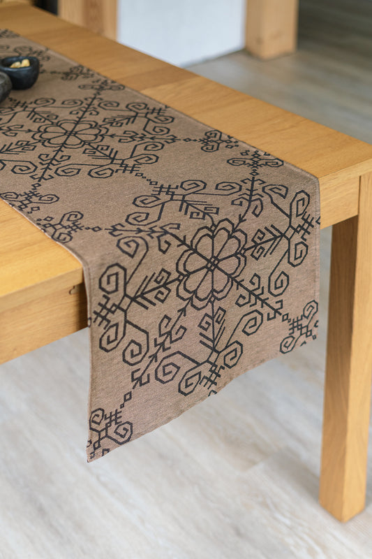 Linen Table Runner Sun Mandala, bronze/black