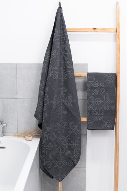 Linen Towel Sun Mandala, dark grey