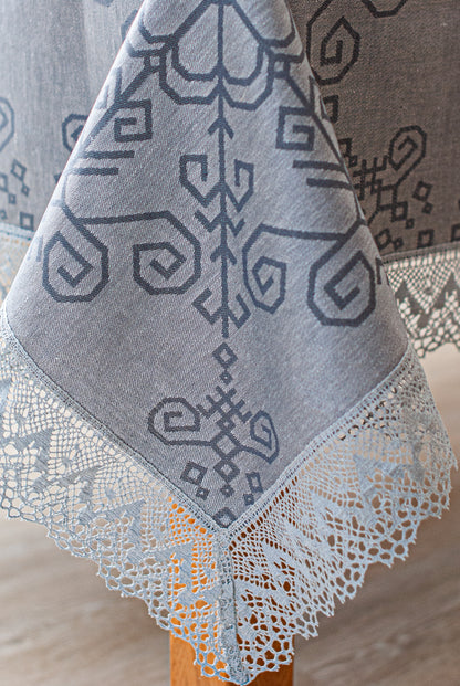 Grey Linen Tablecloth with Lace, Sun Mandala Pattern