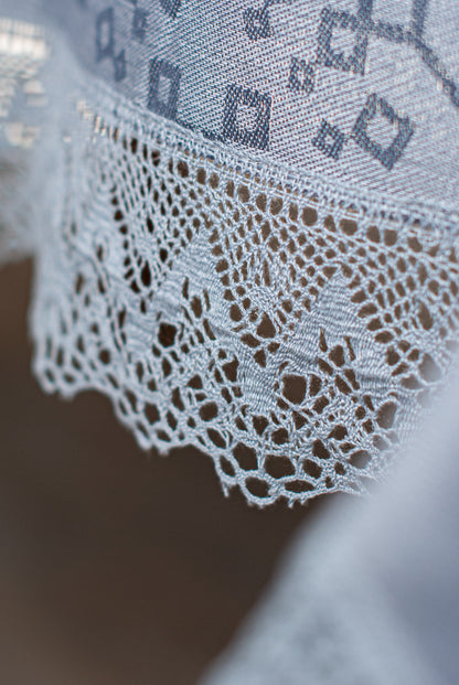 Grey Linen Tablecloth with Lace, Sun Mandala Pattern