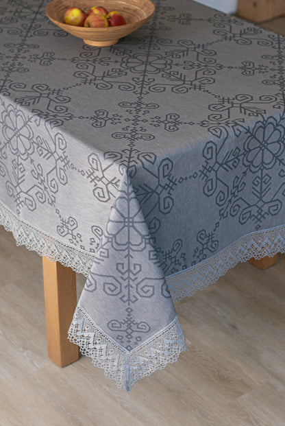 Grey Linen Tablecloth with Lace, Sun Mandala Pattern