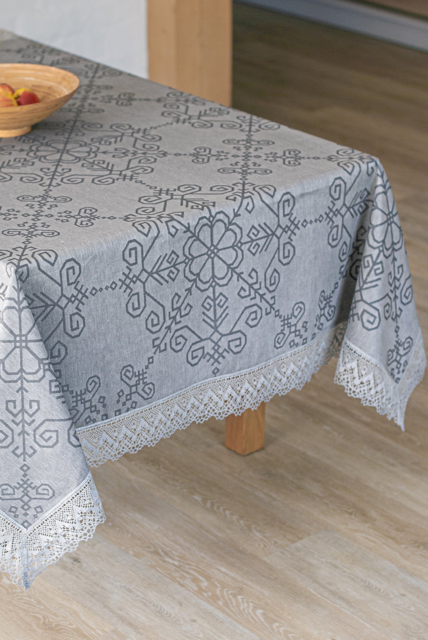 Grey Linen Tablecloth with Lace, Sun Mandala Pattern