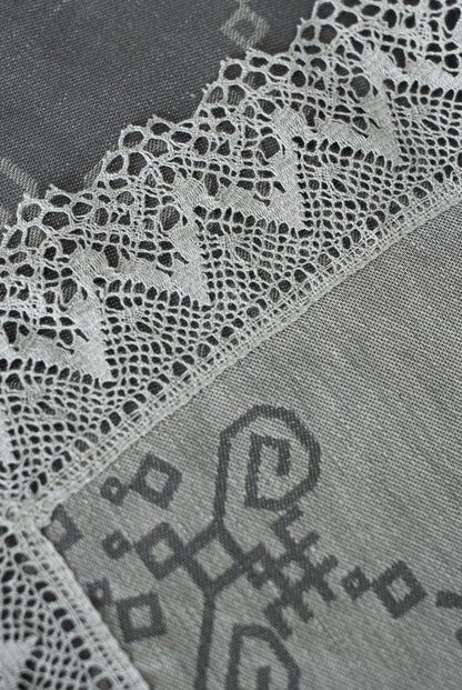 Grey Linen Tablecloth with Lace, Sun Mandala Pattern