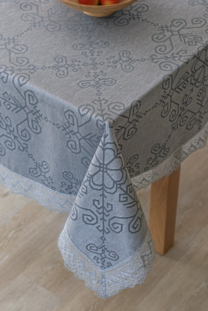 Grey Linen Tablecloth with Lace, Sun Mandala Pattern