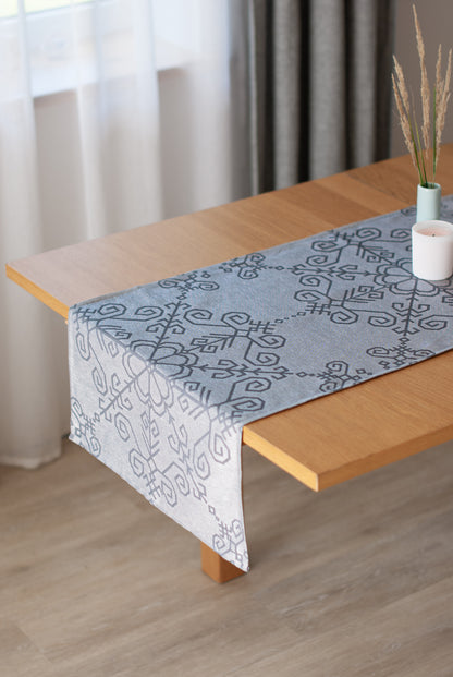 Linen Table Runner Sun Mandala, grey
