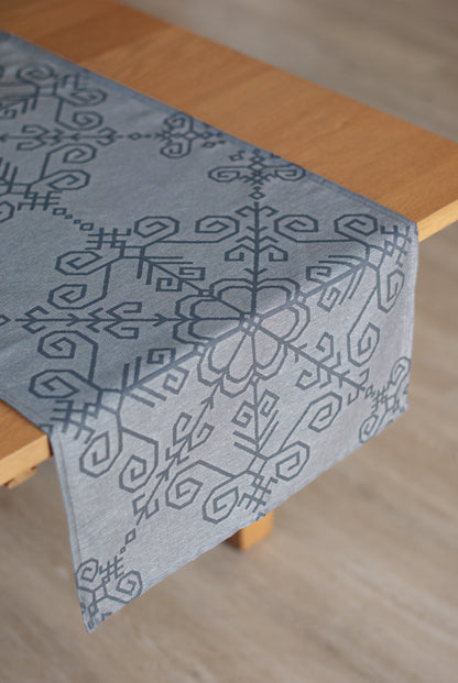Linen Table Runner Sun Mandala, grey