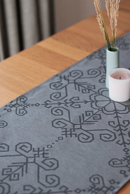 Linen Table Runner Sun Mandala, grey