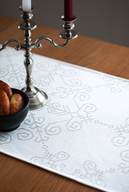 White Cotton Table Runner, Sun Mandala Pattern