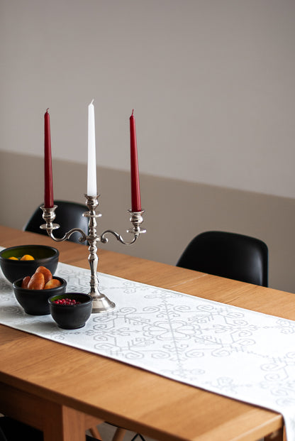 White Cotton Table Runner, Sun Mandala Pattern