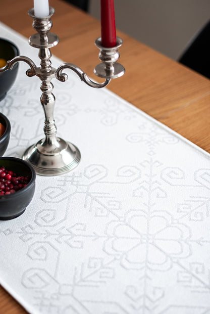 White Cotton Table Runner, Sun Mandala Pattern