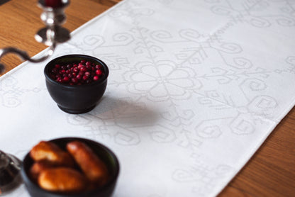 White Cotton Table Runner, Sun Mandala Pattern