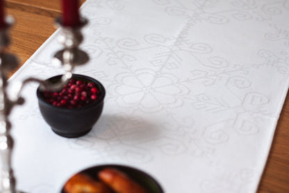 White Cotton Table Runner, Sun Mandala Pattern