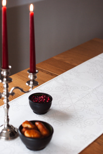 White Cotton Table Runner, Sun Mandala Pattern