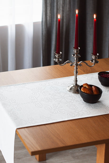 White Cotton Table Runner, Sun Mandala Pattern