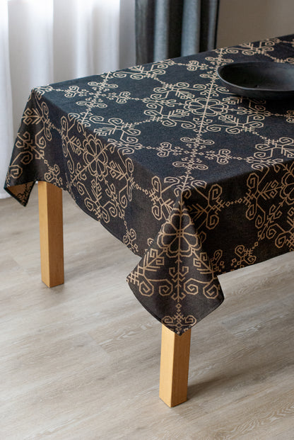 Black Linen Tablecloth with Sun Mandala