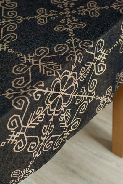 Black Linen Tablecloth with Sun Mandala