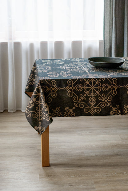 Black Linen Tablecloth with Sun Mandala