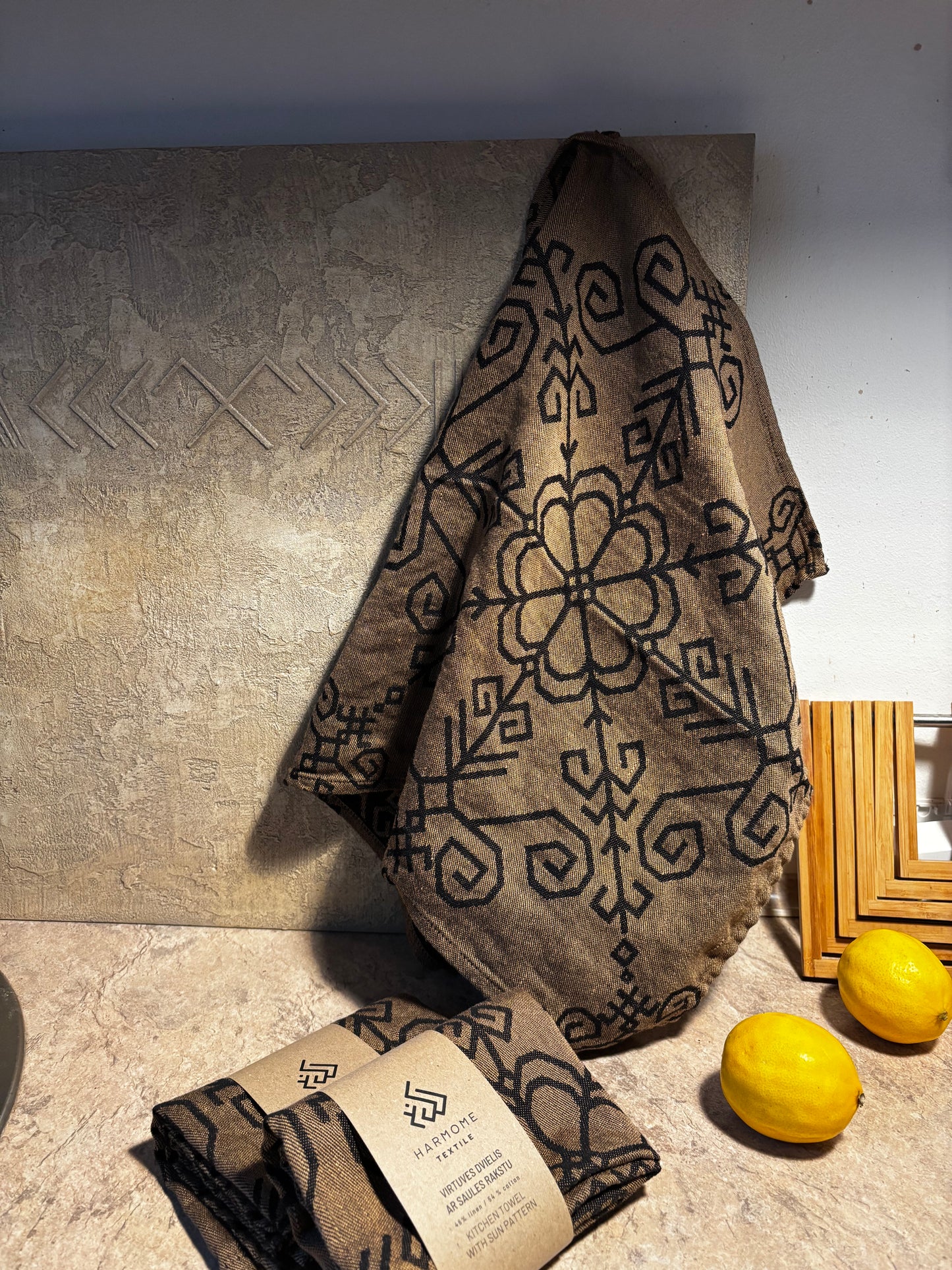 Linen Kitchen Towel Bronze/Black, Sun Mandala Pattern