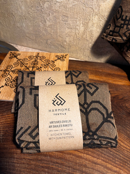 Linen Kitchen Towel Bronze/Black, Sun Mandala Pattern