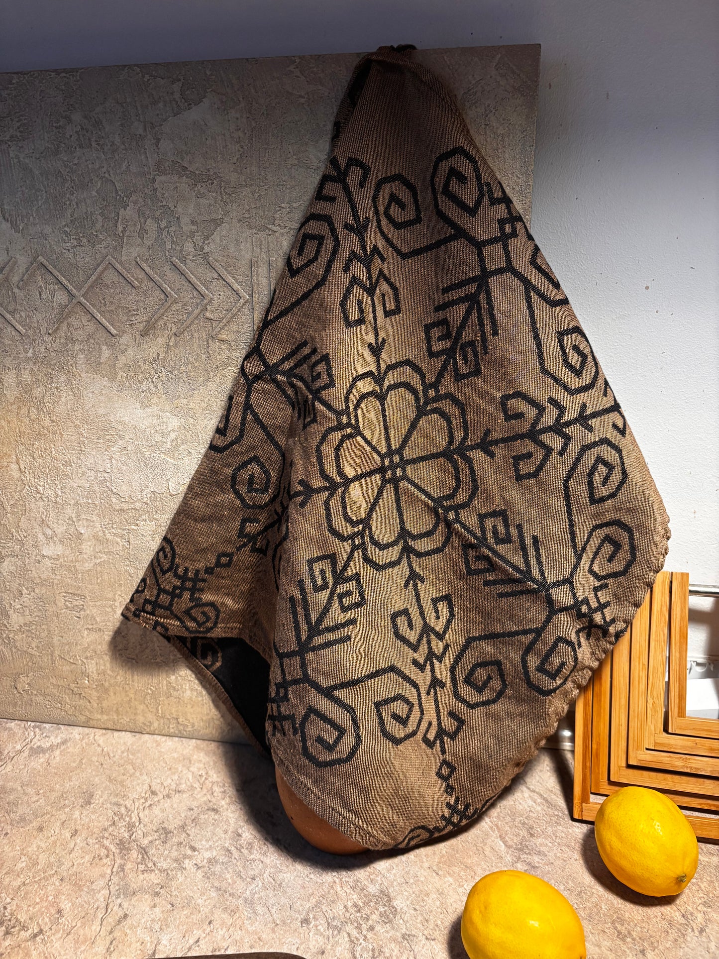 Linen Kitchen Towel Bronze/Black, Sun Mandala Pattern