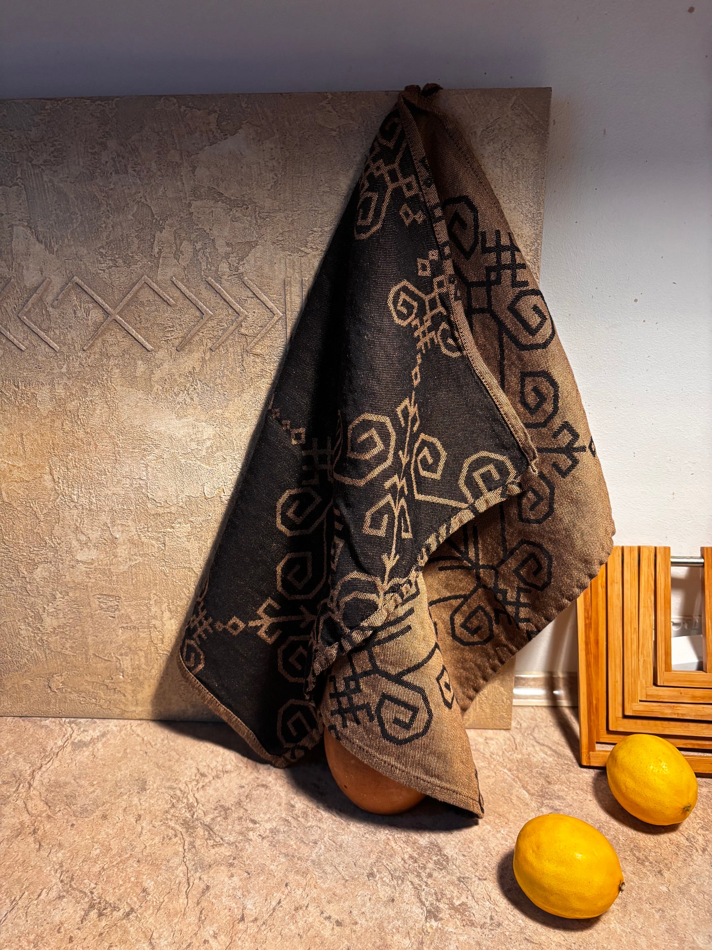 Linen Kitchen Towel Bronze/Black, Sun Mandala Pattern