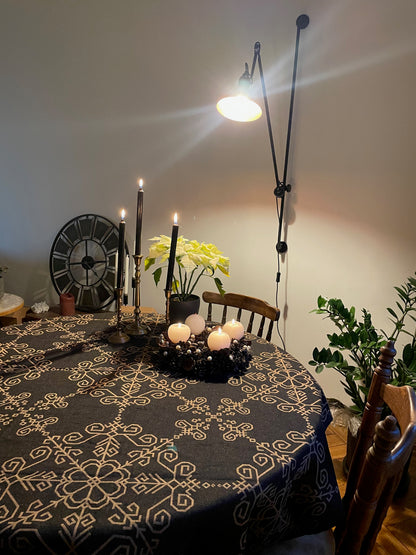 Black Linen Tablecloth with Sun Mandala