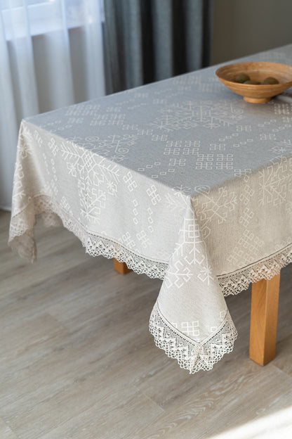 Linen and cotton natural tablecloth with Austra tree pattern Latvian Power Symbols