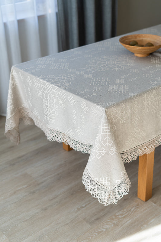 Linen and cotton natural tablecloth with Austra tree pattern Latvian Power Symbols