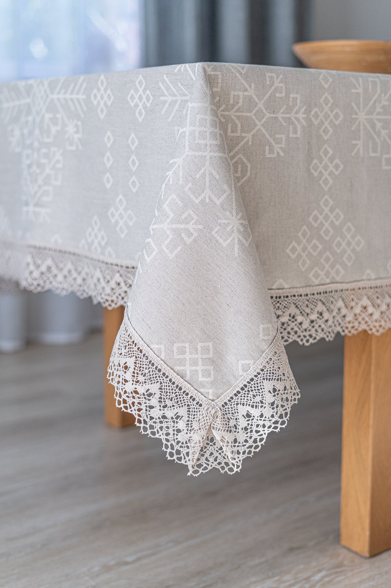 Linen and cotton natural tablecloth with Austra tree pattern and Latvian Power symbols