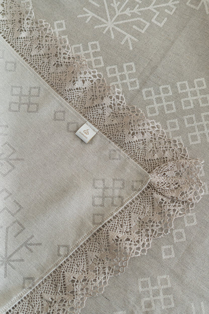 Linen and cotton natural tablecloth with Austra tree pattern and Latvian Power symbols