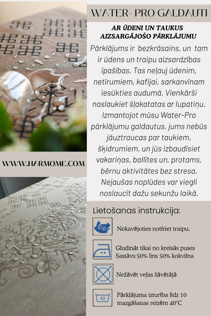 Ūdeni atgrūdošs abpusējs galdauts ar Austras koka rakstu, melns/bronza