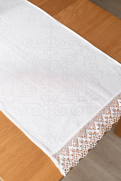 White Linen-Cotton Table Runner with Lace Sun Mandala