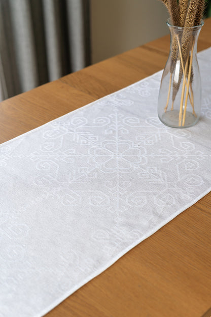 White Linen-Cotton Table Runner with Lace Sun Mandala