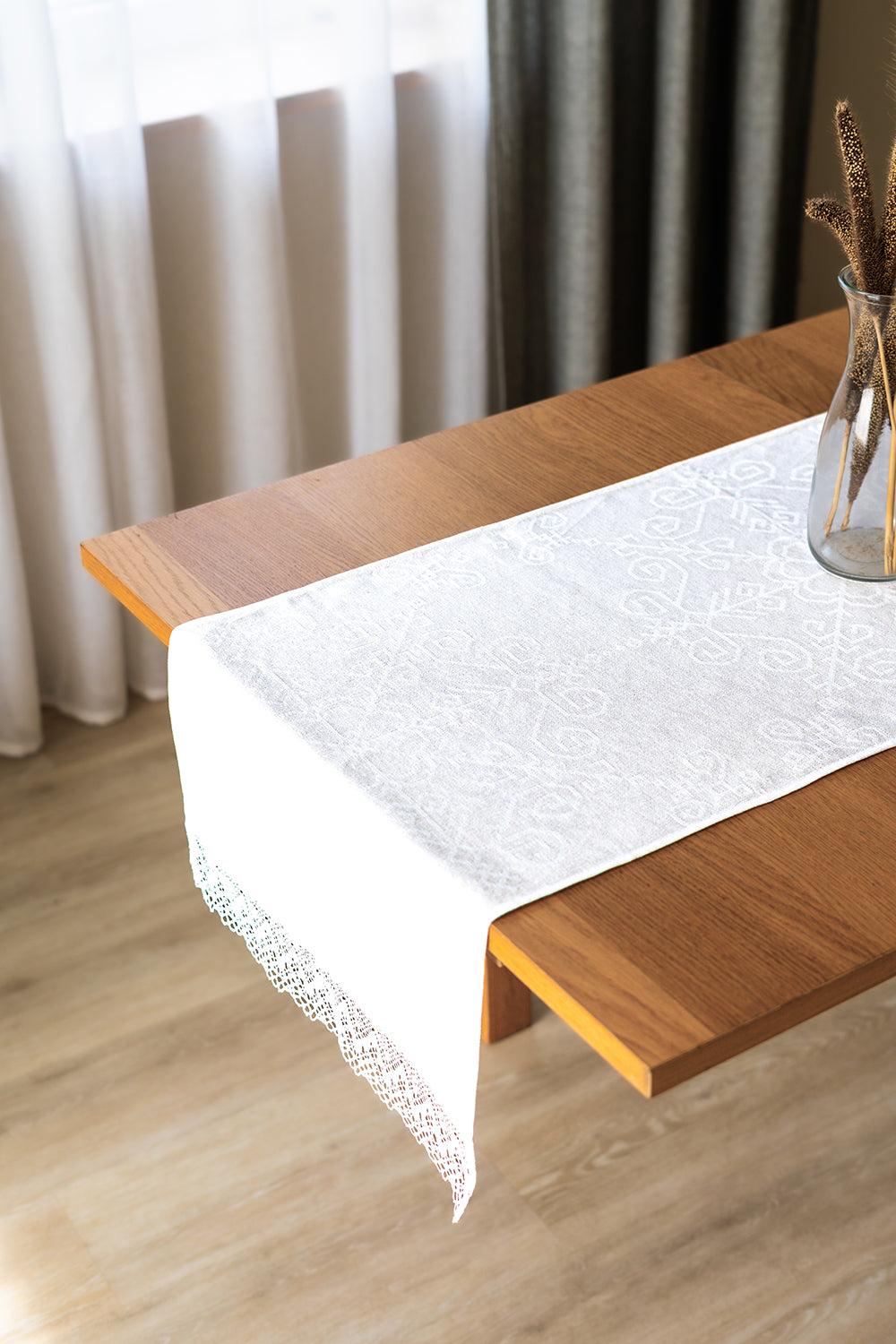 White Linen-Cotton Table Runner with Lace Sun Mandala