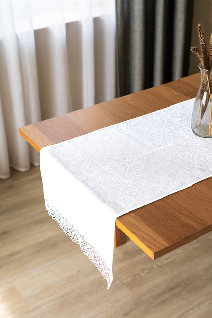 White Linen-Cotton Table Runner with Lace Sun Mandala