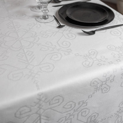 White Cotton Tablecloth with Wide Lace, Sun Mandala Pattern