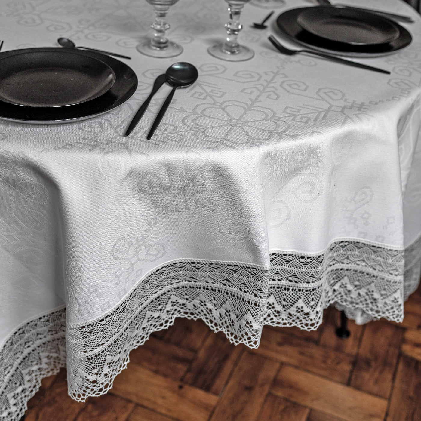 White Cotton Tablecloth with Wide Lace, Sun Mandala Pattern