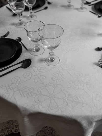 White Cotton Tablecloth with Wide Lace, Sun Mandala Pattern