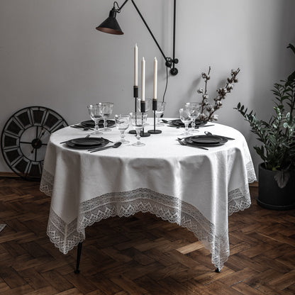 White Cotton Tablecloth with Wide Lace, Sun Mandala Pattern