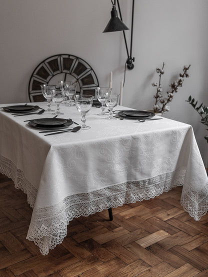 White Cotton Tablecloth with Wide Lace, Sun Mandala Pattern