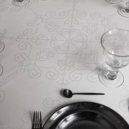 White Cotton Tablecloth with Wide Lace, Sun Mandala Pattern